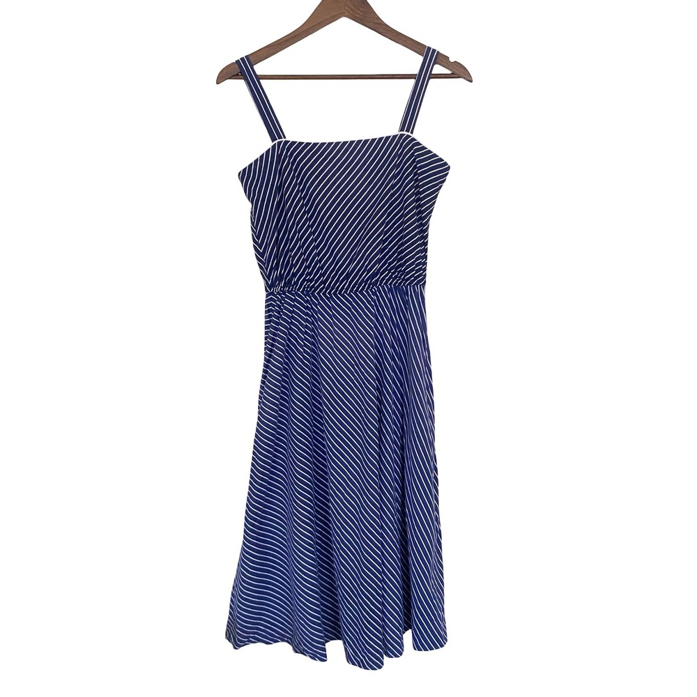 Lanz Originals Women Dress Blue White Striped Nautical Vintage Midi Pockets